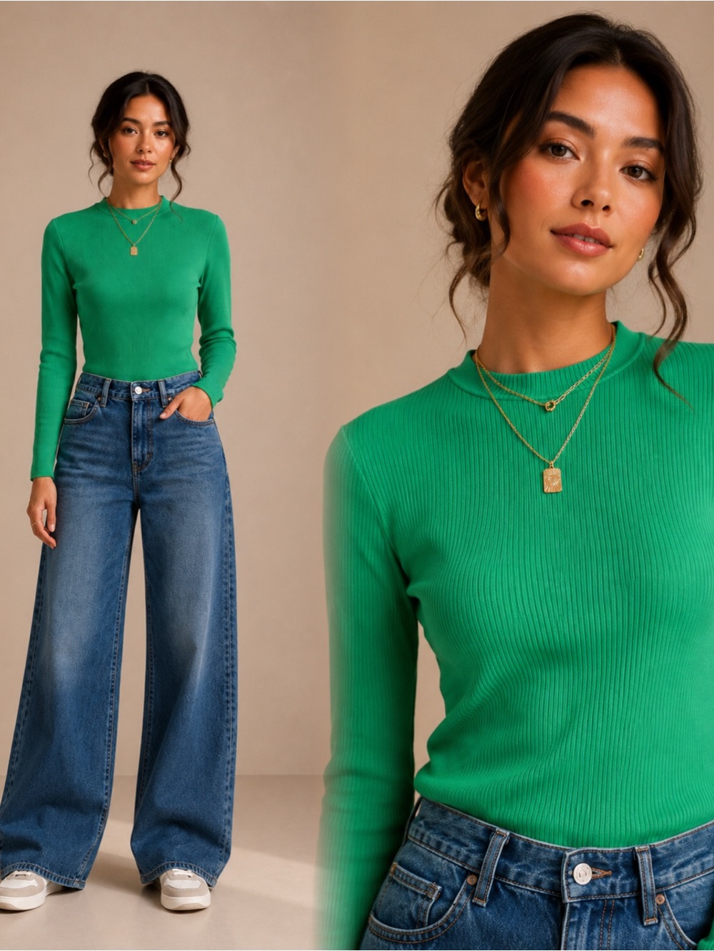 Haute Monde Emerald Ribbed Long-Sleeve Crew Top